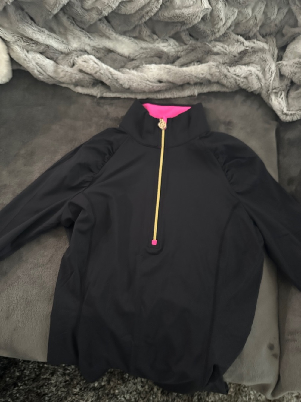 Lilly Pulitzer Black Pullover with Hot Pink Collar and Gold Zipper